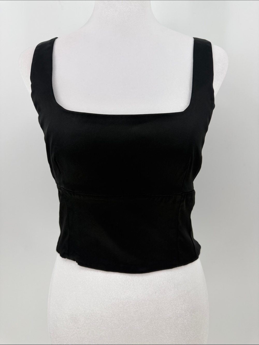 Aritzia Wilfred Black Satin Square Neck Corset Style Cropped Tank Top Small Y2K